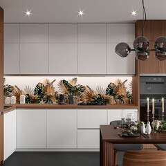 Панель стеновая пластик для кухни 4000х600х1,5 мм графичные листья - фото 3