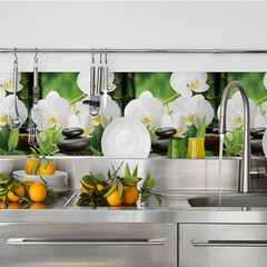 Панель стеновая ПВХ для кухни 4000х600х1 мм орхидеи белые - фото 2