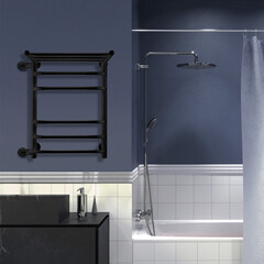 Полотенцесушитель водяной Indigo Brace 600х400 мм лесенка с боковым подключением 500 мм слева с полкой черный муар - фото 2