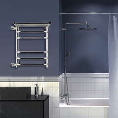 Полотенцесушитель водяной Indigo Brace 600х400 мм лесенка с боковым подключением 500 мм слева с полкой хром - фото 4