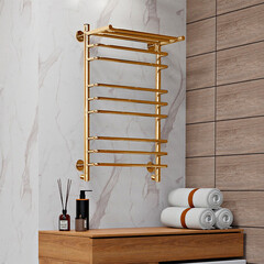 Полотенцесушитель водяной Indigo Brace 800х500 мм лесенка с полкой золото - фото 3