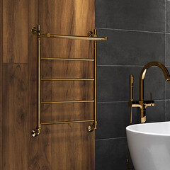 Полотенцесушитель водяной Indigo Line 700х500 мм лесенка с полкой золото - фото 3