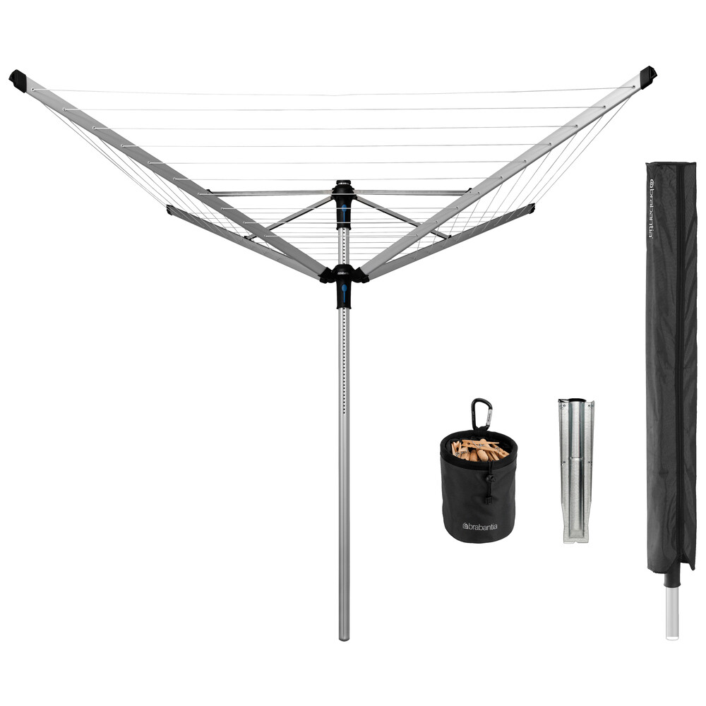 

Сушилка для белья напольная Brabantia Lift-O-Matic Advance 60 м 1970х3120х3120 мм с чехлом мешком прищепками серая металлик, Серый