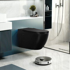 Унитаз подвесной Abber Bequem безободковый черный матовый с сиденьем дюропласт микролифт с импульсным смывом (AC1108PMB) - фото 2