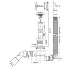 Сифон для ванны McAlpine 1 1/2х50 мм регулируемый полуавтомат с выпуском d70 мм клик-клак с переливом с соединением 40/50 мм (MRB11-MBL) - фото 2