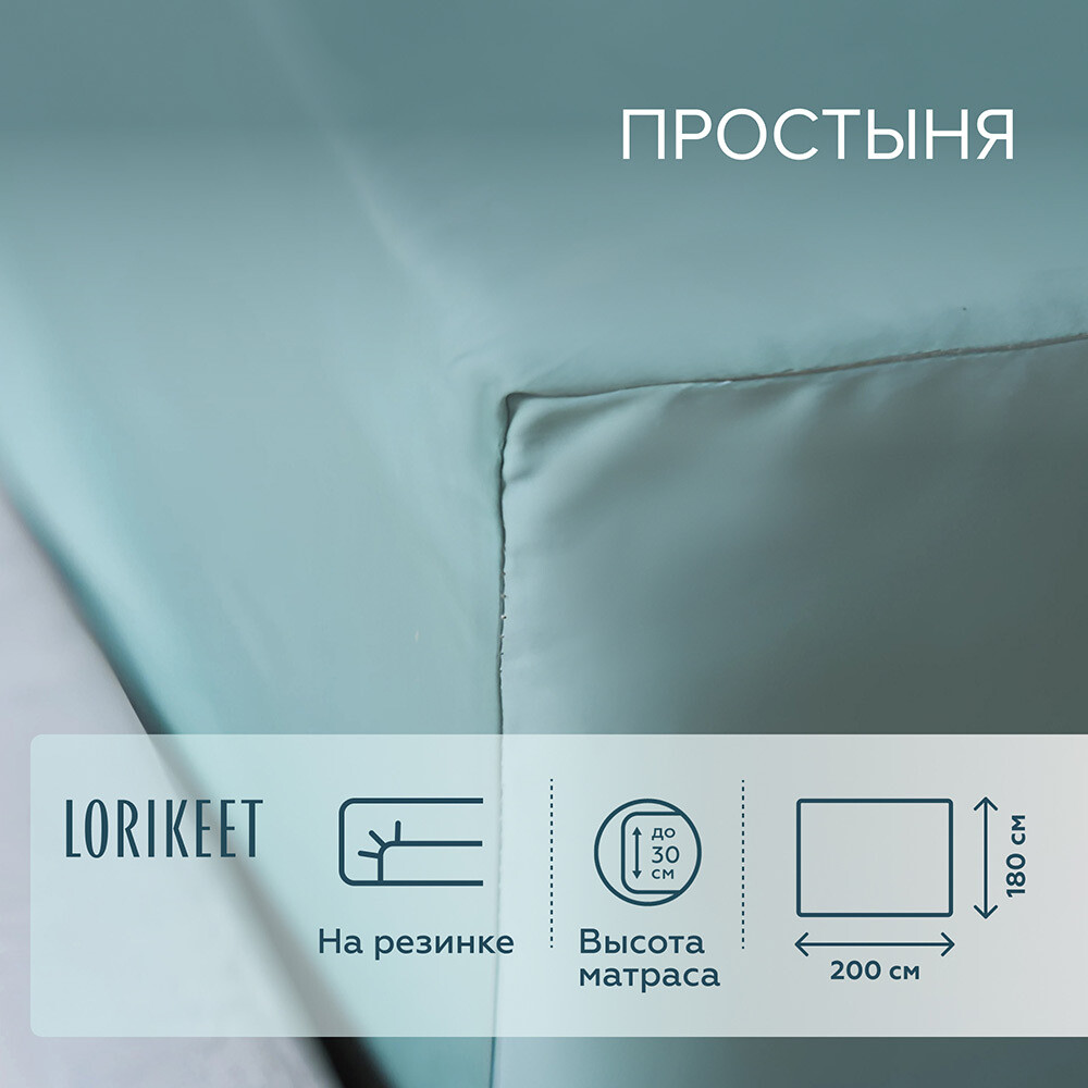 Изображение товара Простыня на резинке 180x200 см из хлопкового сатина Lorikeet Solo шалфей