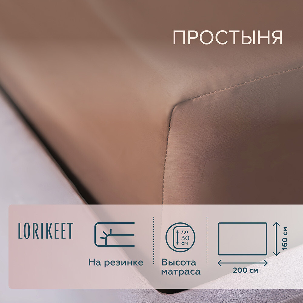 Изображение товара Простыня на резинке 160х200х30 см хлопковый сатин Lorikeet Solo латте