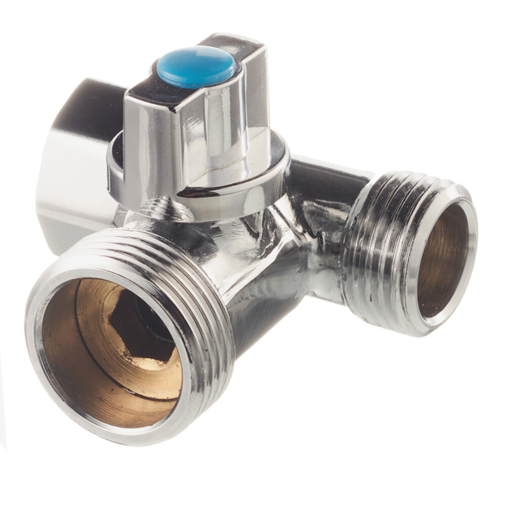 Изображение товара Кран шаровой латунный Valtec 1/2 ВР(г) х 3/4 НР(ш) х 1/2 НР(ш) к бытовой технике проходной бабочка трехходовой (VT.256.N.04)