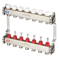 Коллекторная группа с расходомерами Rommer 1 ВР(г) х 7 выходов 3/4 НР(ш) ЕК х 1 ВР(г) - фото 1