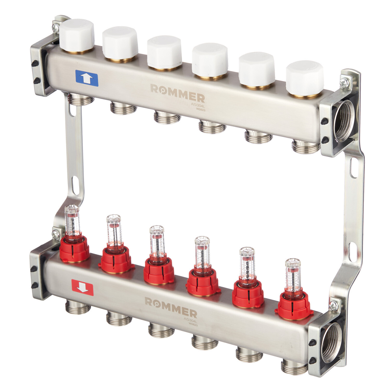 Изображение товара Коллекторная группа Rommer с расходомерами 6 отводов для теплого пола и радиаторного отопления