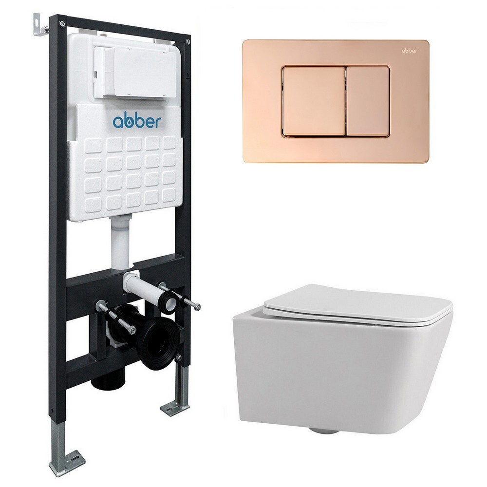Изображение товара Комплект инсталляции Abber с унитазом Rechteck с кнопкой розовое золото и сиденьем микролифт (AC1201-AC0105-AC0120RG)