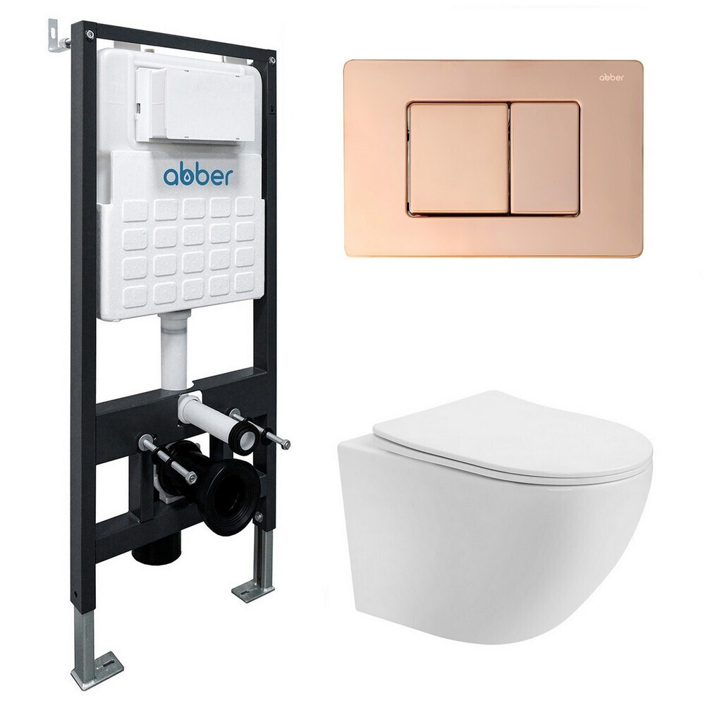 Изображение товара Комплект инсталляции Abber с унитазом Bequem с кнопкой розовое золото и сиденьем микролифт (AC1100T-AC0105-AC0120RG)