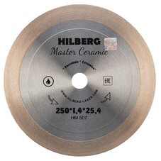 Диск алмазный по керамограниту Hilberg Master Сeramic 250х25,4х1,4 мм сплошной для заусовки сухой/мокрый рез (HM507)