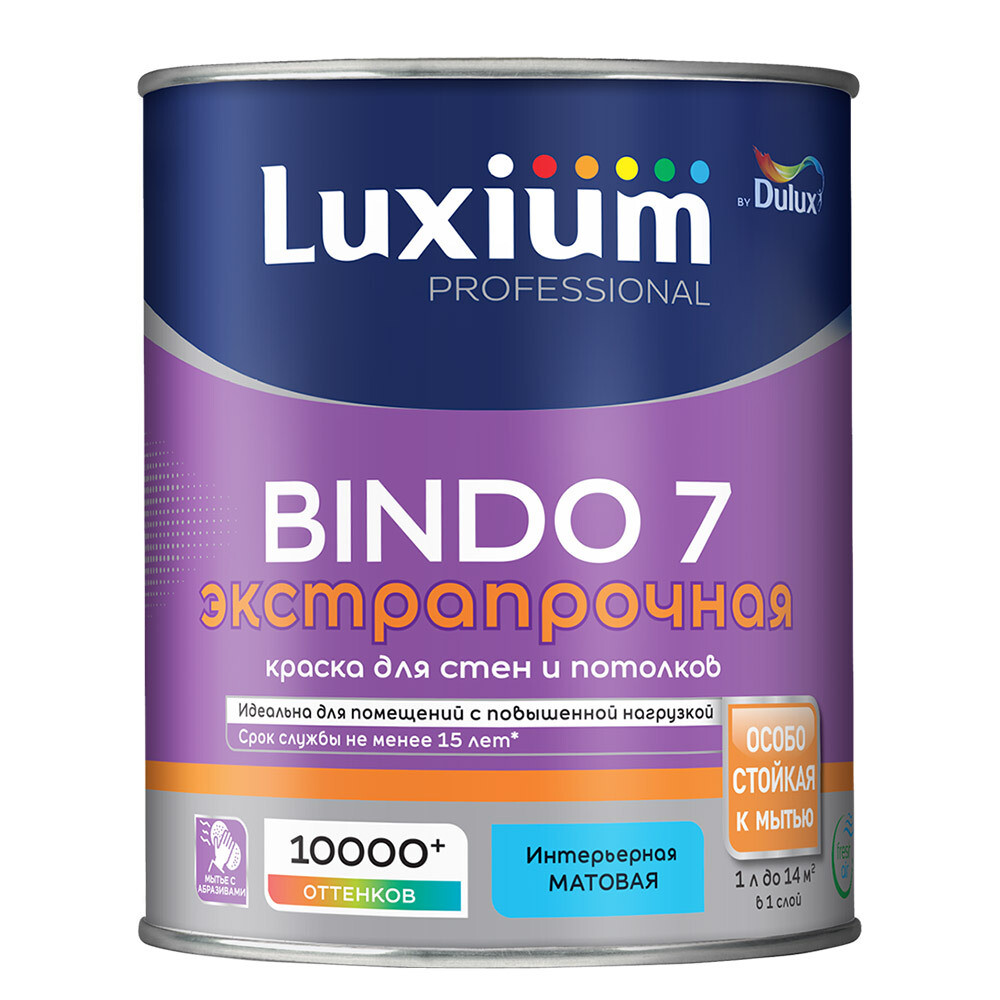 Изображение товара Моющаяся акриловая краска Dulux/Luxium Bindo 7 1л бесцветная для стен и потолков