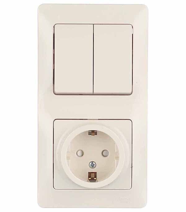 Изображение товара Блок выключатель и розетка Systeme Electric Glossa двухклавишный встраиваемый бежевый со шторками (GSL000274)