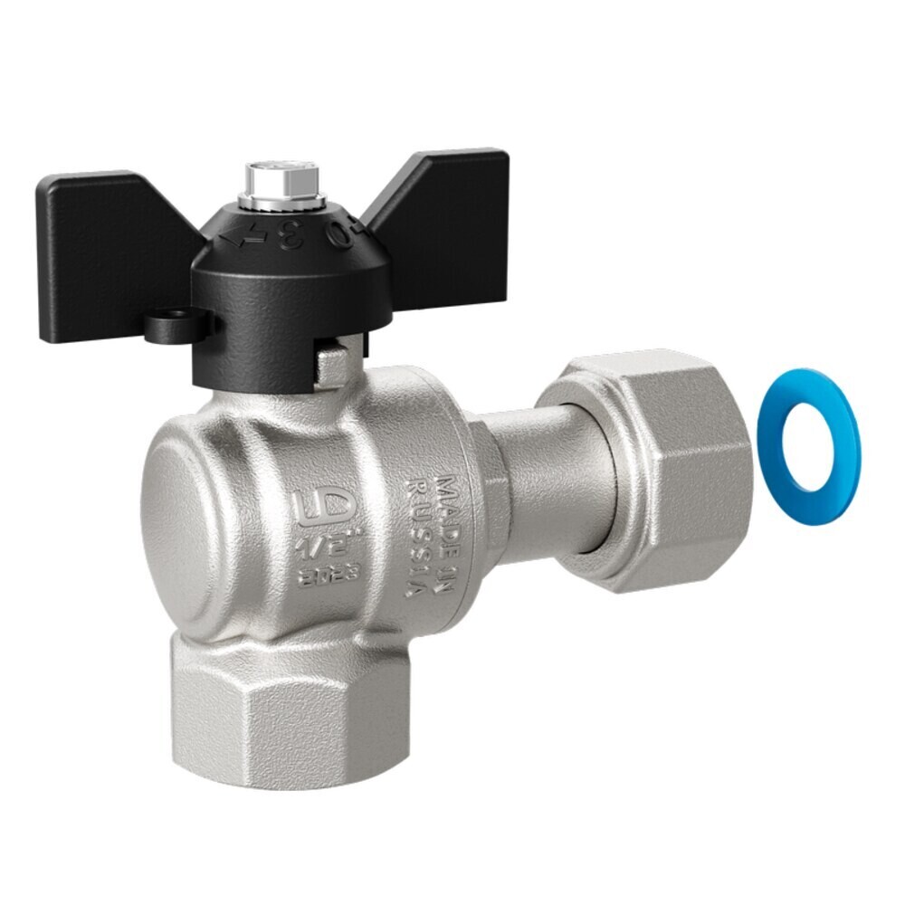 Кран шаровой латунный LD Pride 1/2 ВР(г) х 1/2 ВР(г) бабочка с накидной гайкой угловой (LD 47.393.15)