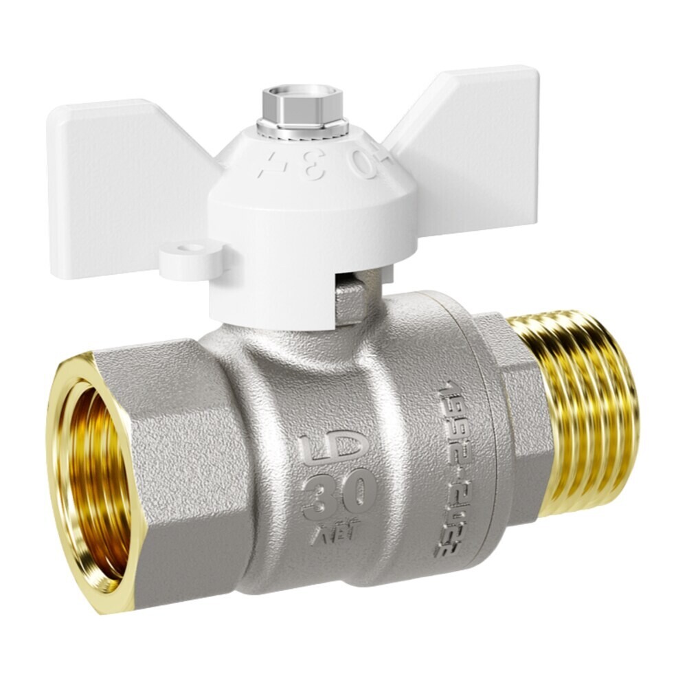 Кран шаровой латунный LD Pride 1/2 ВР(г) х 1/2 НР(ш) бабочка прямой (LD 47.312.15 W)