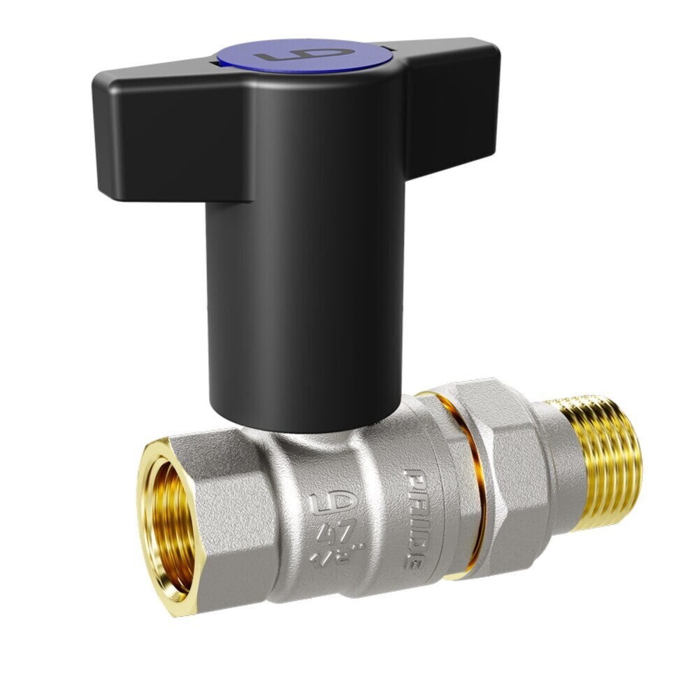 Кран шаровой латунный LD Pride 1/2 ВР(г) х 1/2 ВР(г) ручка со сгоном прямой (LD 47.348.15 RB)