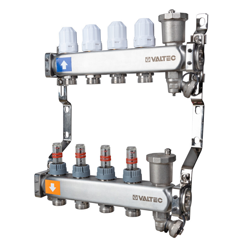 Изображение товара Коллекторная группа из нержавеющей стали Valtec 1 ВР 3 выхода 3/4 НР с расходомерами