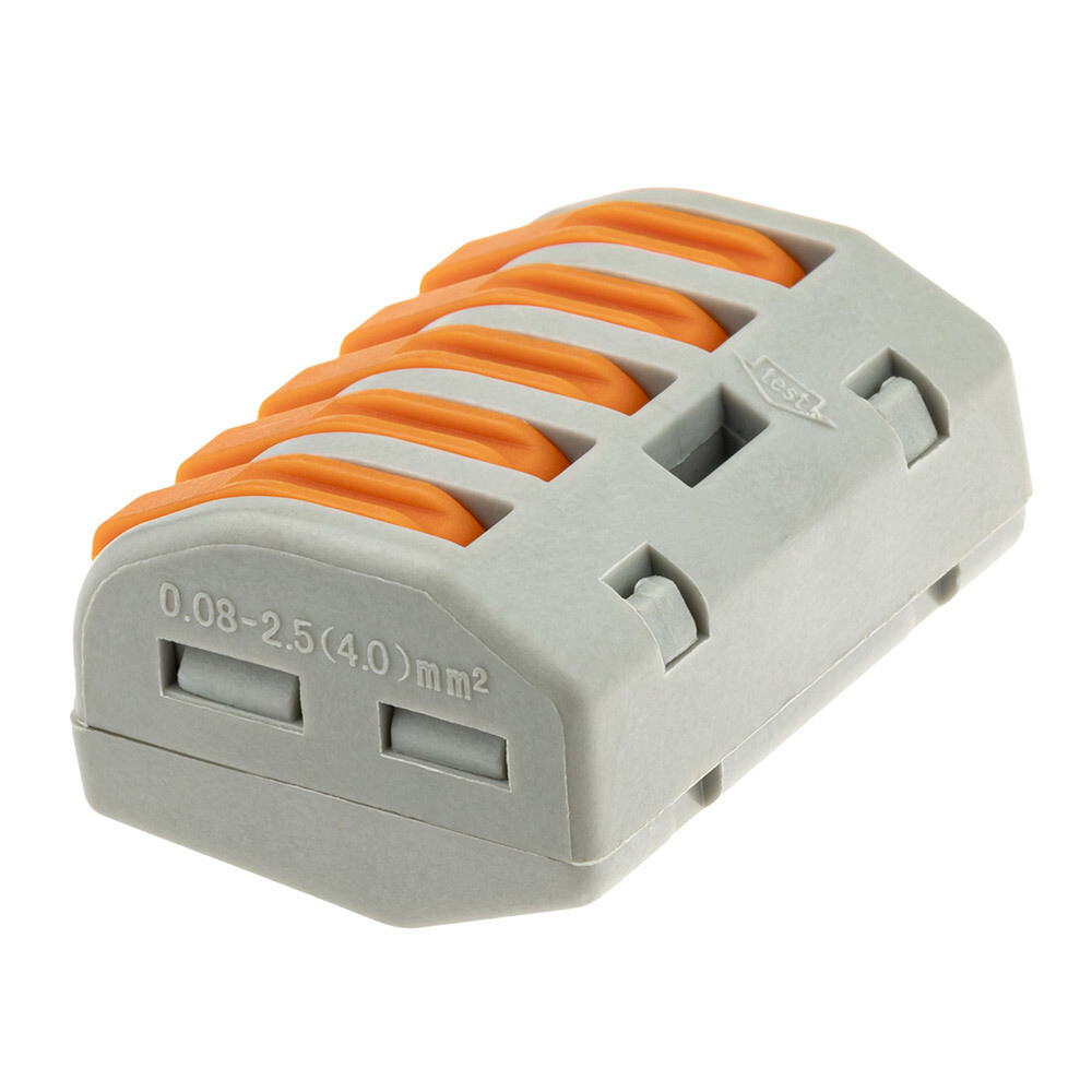 

Клемма на 5 проводов Duwi СМК 222-415 0,08-4 кв.мм с рычажками без пасты (5 шт.) (26611 2), Серый;оранжевый