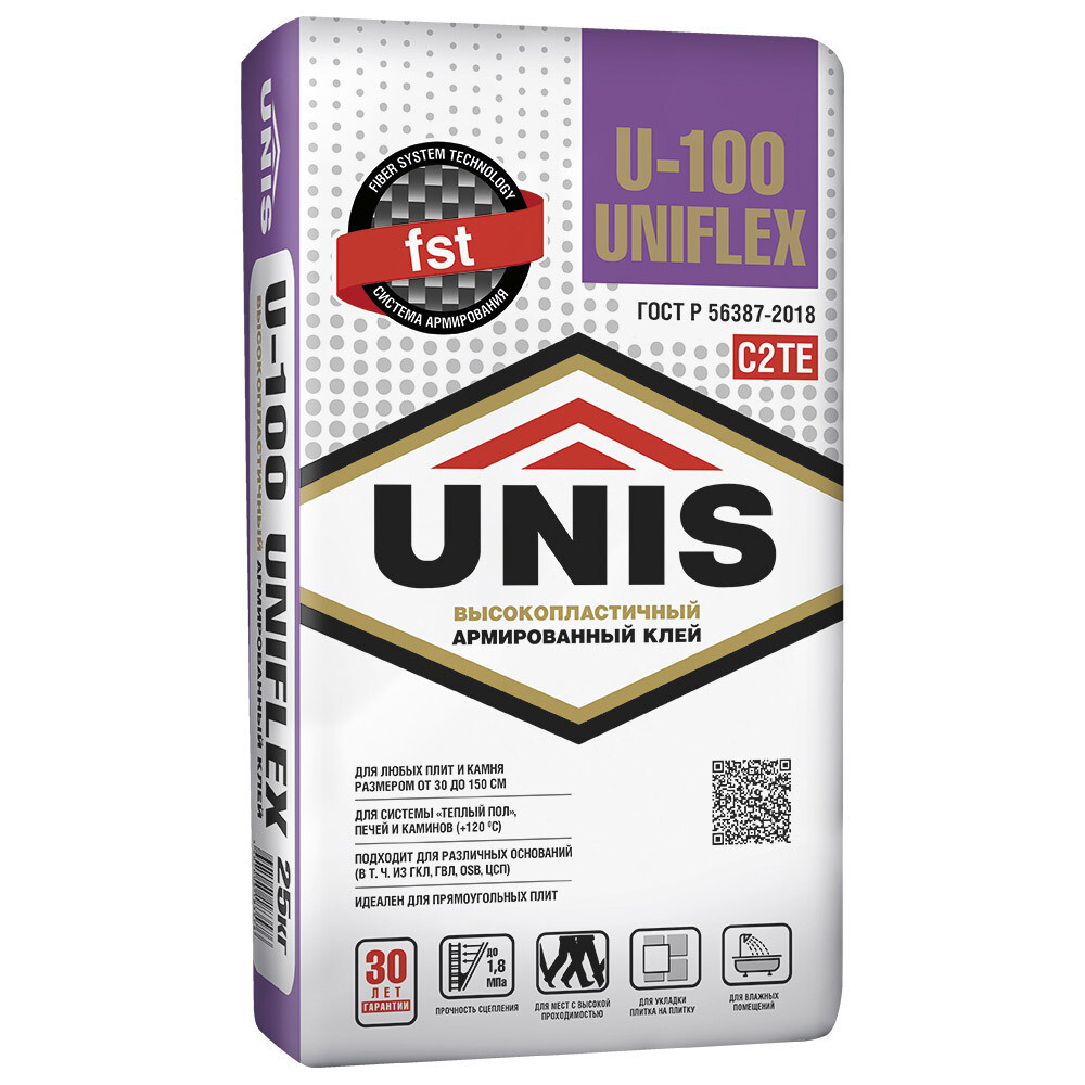Изображение товара Клей для плитки Unis Uniflex U-100 серый 25 кг для внутренней и наружной облицовки
