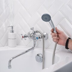 Смеситель для ванны РМС SL хром двухвентильный с длинным изливом с лейкой (SL71-140) - фото 3