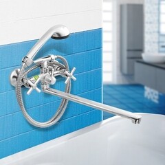 Смеситель для ванны Juguni хром двухвентильный с длинным изливом с лейкой (0402.721) - фото 3