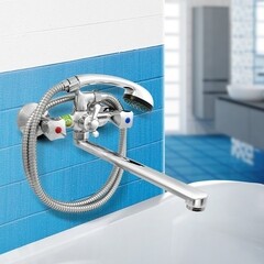 Смеситель для ванны Juguni хром двухвентильный с длинным изливом с лейкой (0402.642A) - фото 2