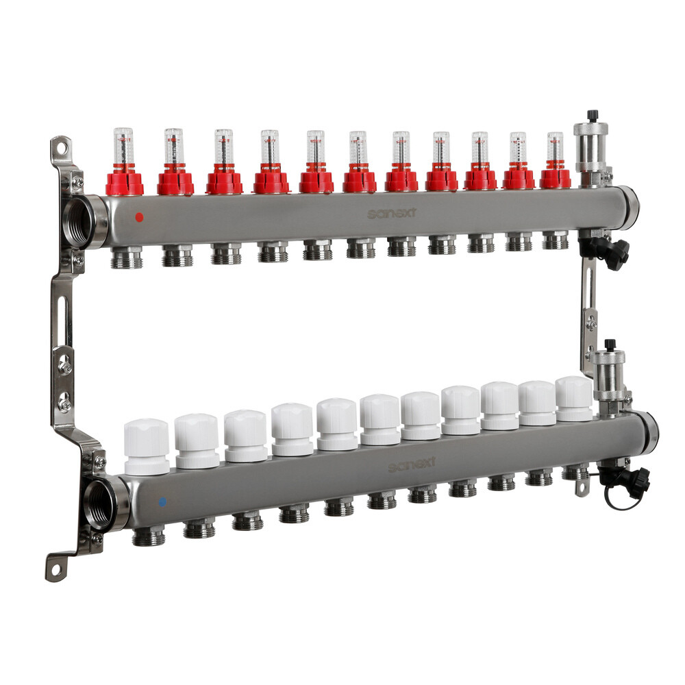 Коллекторная группа с расходомерами Sanext 1 ВР(г) х 11 выходов 3/4 НР(ш) ЕК х 1 ВР(г)