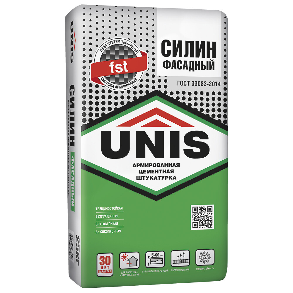 

Штукатурка цементная Unis Силин Фасадный фасадная армированная 25 кг, Серый