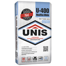 Клей для плитки/ керамогранита/ камня Unis MaxiFlex U-400 эластичный армированный белый класс C2 TE S1 20 кг