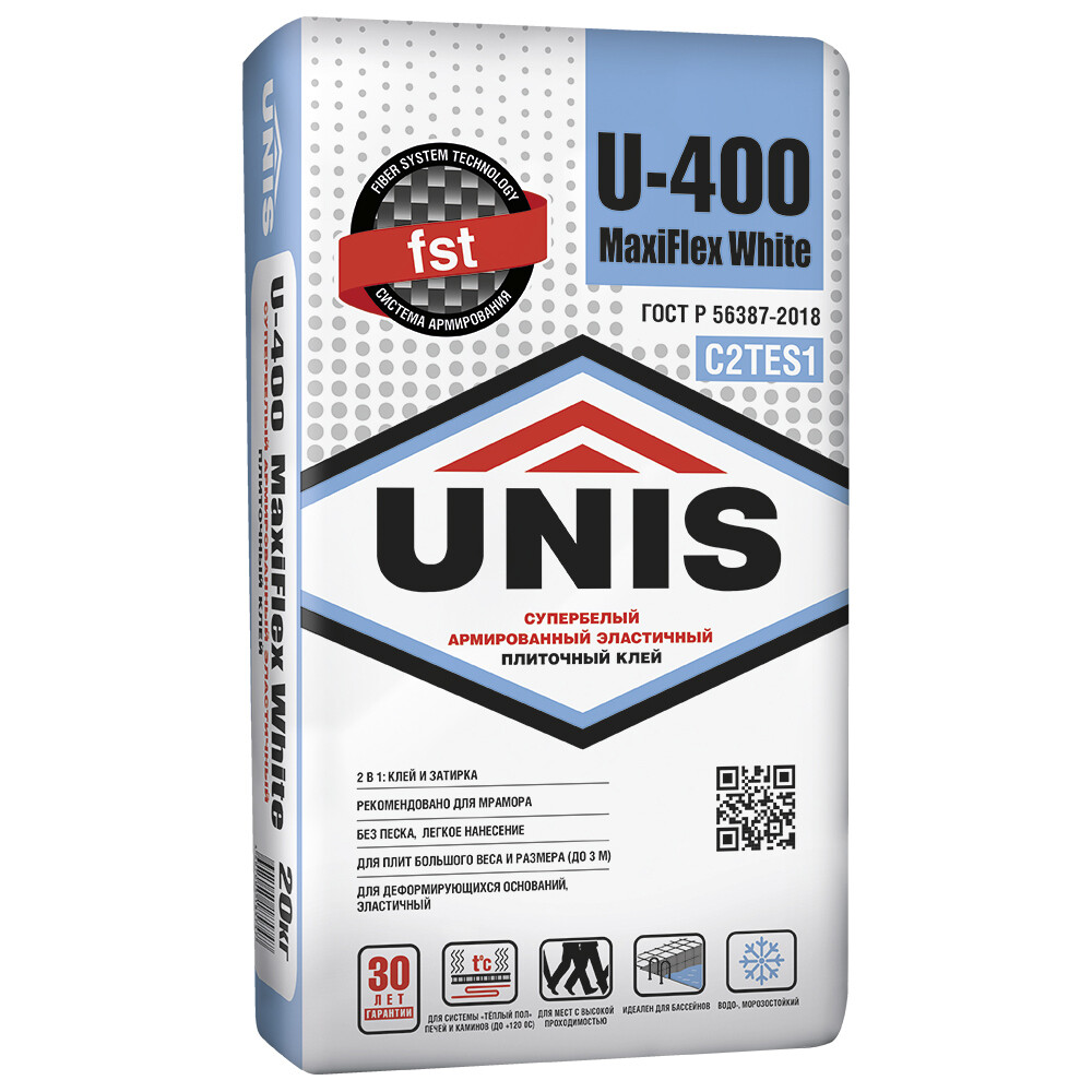

Клей для плитки/ керамогранита/ камня Unis MaxiFlex U-400 эластичный армированный белый класс C2 TE S1 20 кг