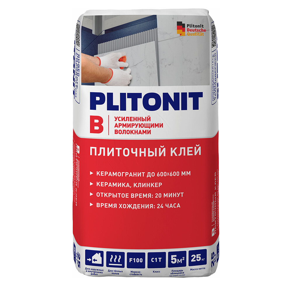 

Клей для плитки/ керамогранита/ клинкера Plitonit В усиленный армирующими волокнами серый класс C1 T 25 кг