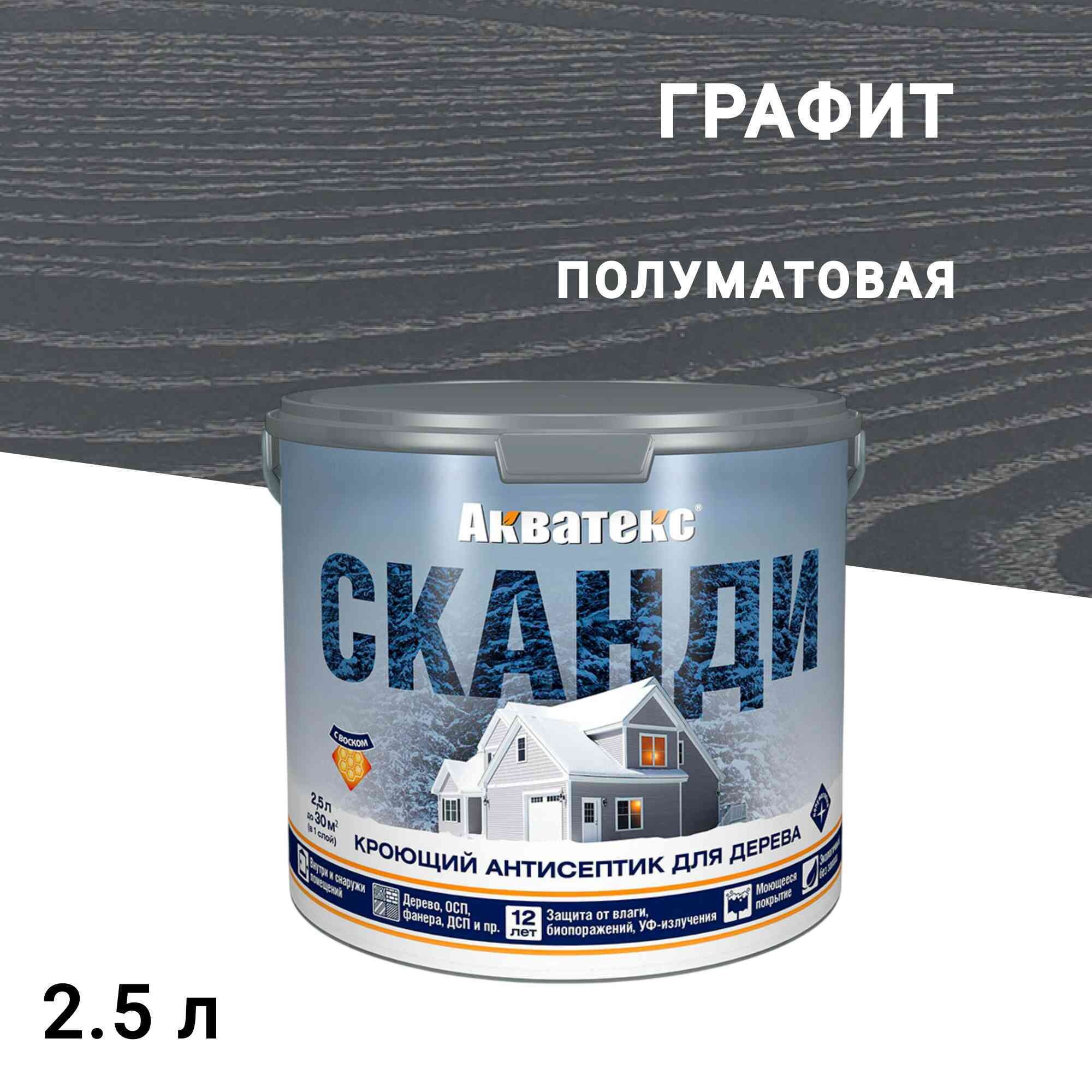 

Антисептик Акватекс Сканди кроющий декоративный для дерева графит 2,5 л, Серый