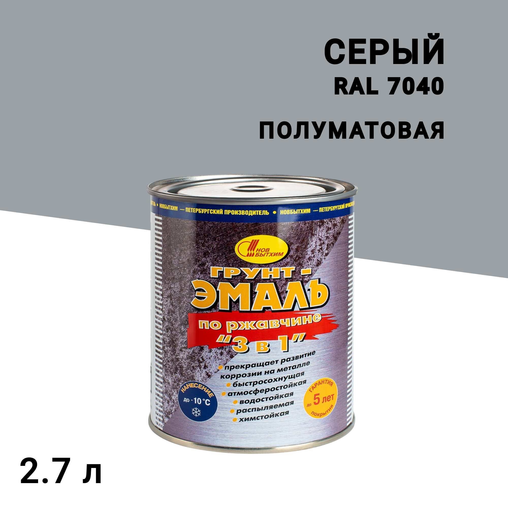 

Грунт-эмаль по ржавчине 3в1 Новбытхим серая RAL 7040 полуматовая 2,7 л, Серый