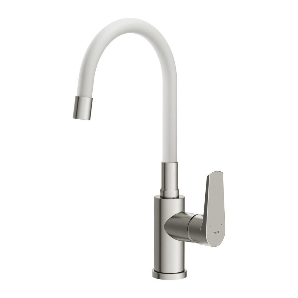 

Смеситель для кухни Cersanit Moduo белый/хром с высоким изливом однорычажный (68232)