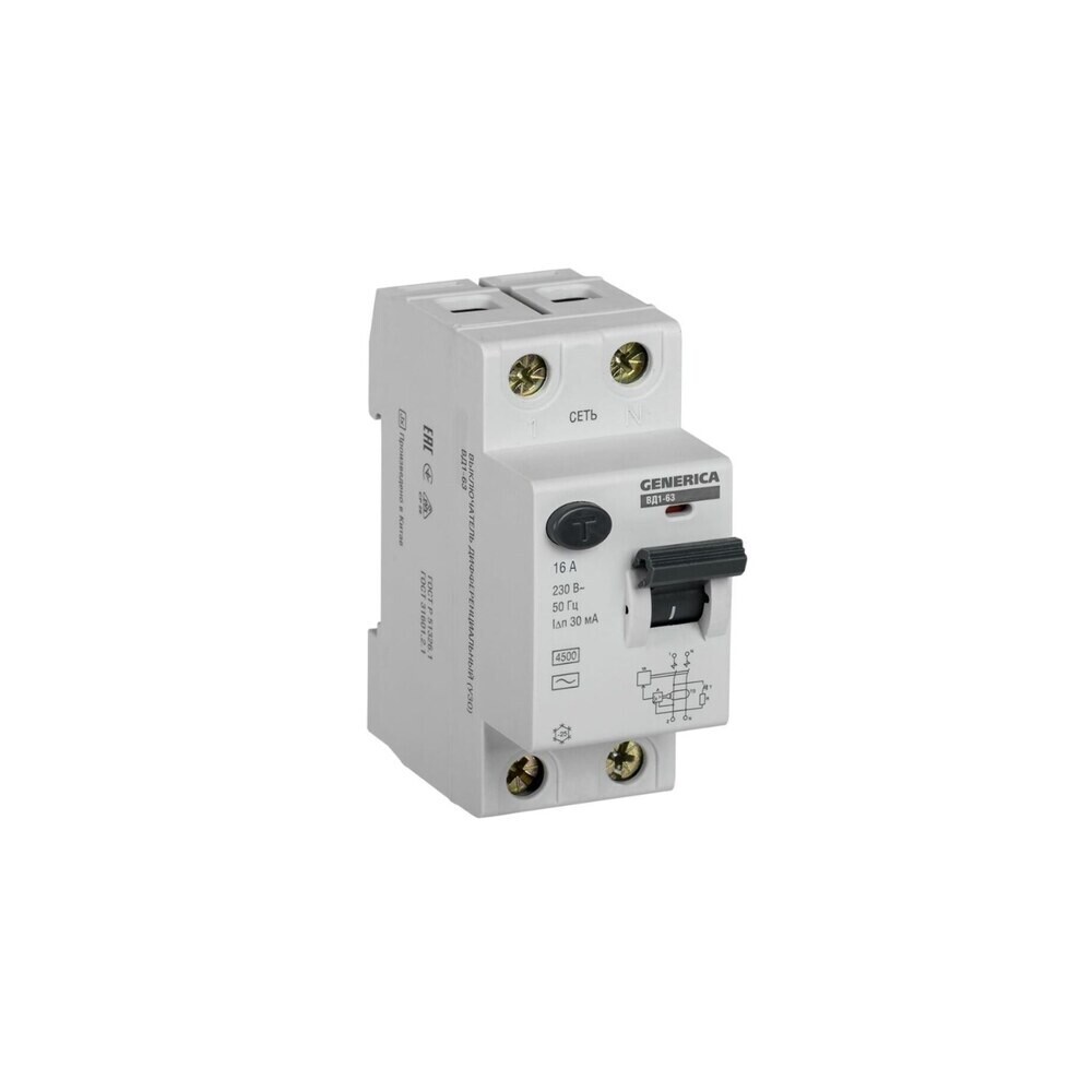 Изображение товара УЗО Generica ВД1-63 16А 30мА 4,5кА для защиты человека
