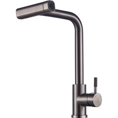 Изображение товара Смеситель для кухни ARGOtech Solid оружейная сталь с высоким изливом с водопадом с вытяжной лейкой однорычажный (35-16/3P SOLID gun grey)