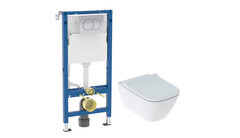 Изображение товара Комплект инсталляции Geberit Delta Duofix с унитазом Geberit Smyle Square Rimfree с кнопкой хром и сиденьем дюропласт микролифт
