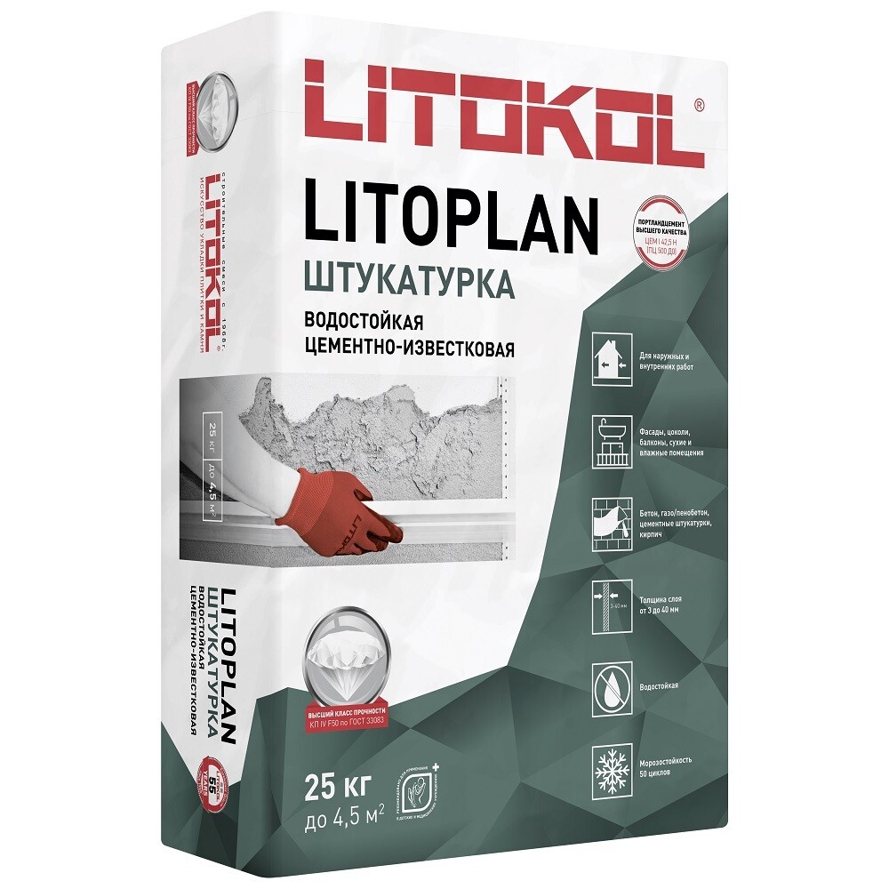 

Штукатурка цементная Litokol Litoplan универсальная 25 кг, Серый