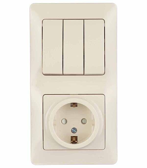 Изображение товара Блок выключатель и розетка Systeme Electric Glossa трехклавишный встраиваемый бежевый со шторками (GSL000278)