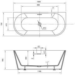 Ванна акриловая Abber 140х70 см с ножками (AB9503-1.4) - фото 2
