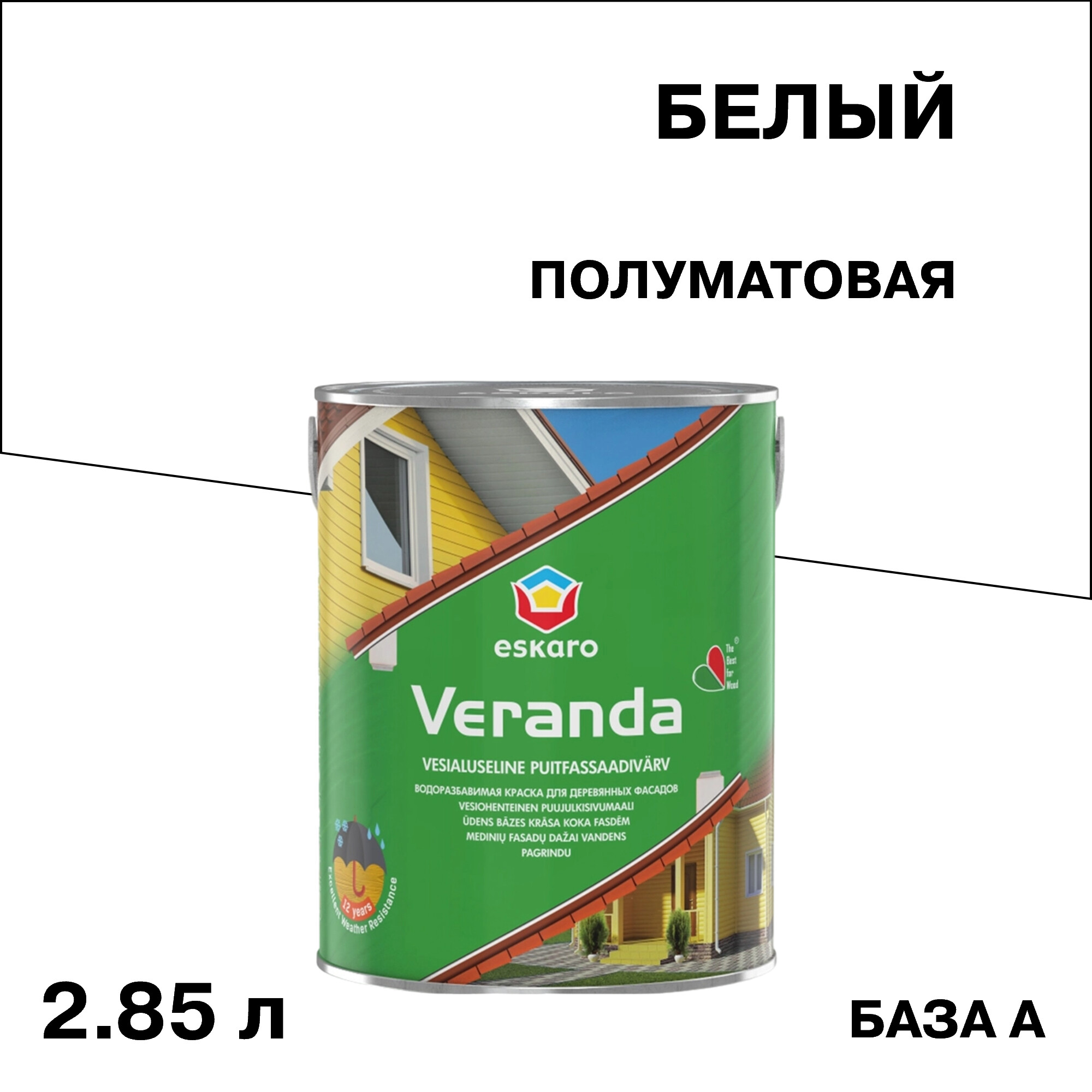 Изображение товара Эмульсионная фасадная краска Eskaro Veranda для дерева, 2,85 л Белая
