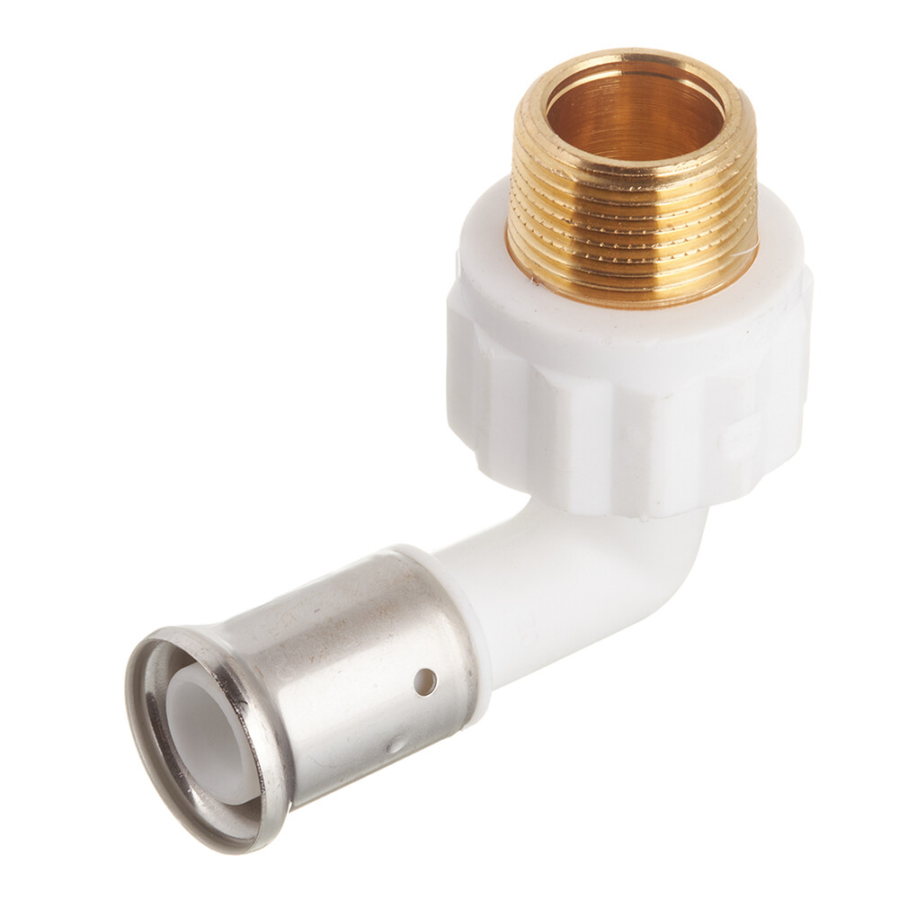 Изображение товара Угол для металлопластиковых труб Henco 20 мм пресс 90° белый PVDF