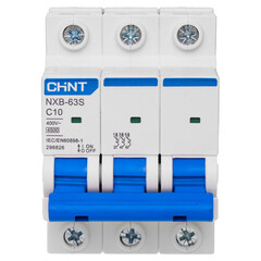 Изображение товара Автоматический выключатель модульный Chint NXB-63S 3P 10А тип C 4,5 кА 400 В (296826 Chint)