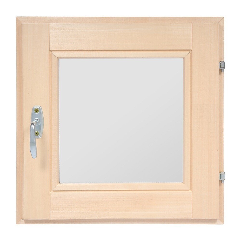 Изображение товара Деревянное окно 600x600x70 мм для бани с двухкамерным стеклопакетом и ручкой