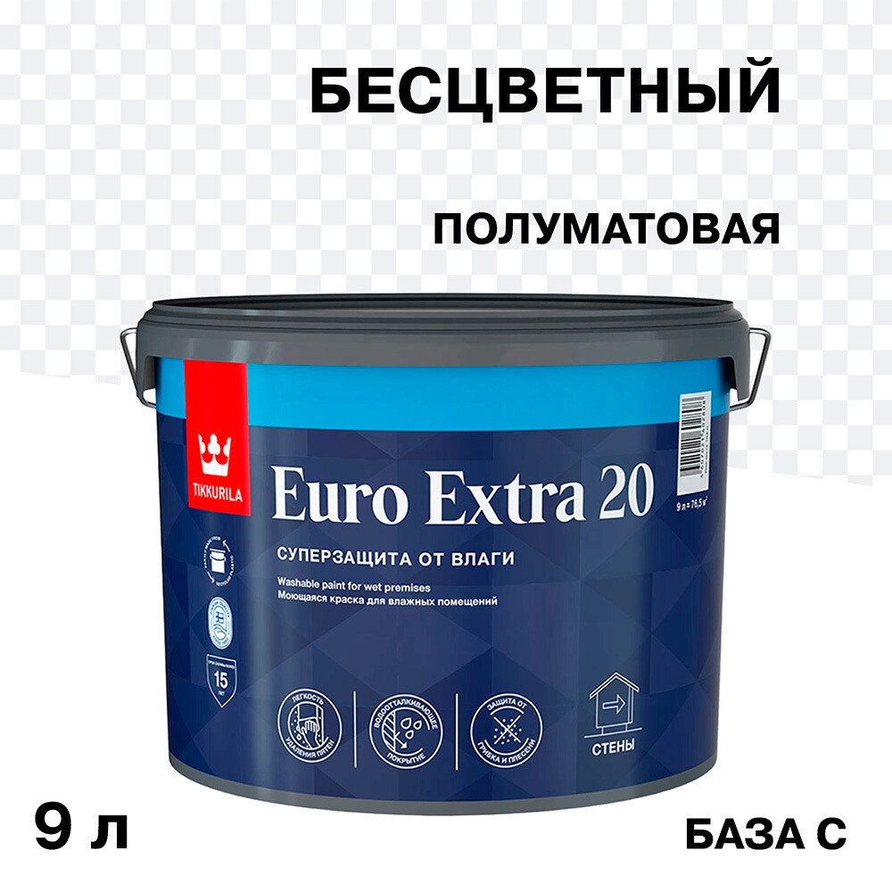 Изображение товара Моющаяся акриловая краска Tikkurila Euro Extra 20 9 л бесцветная для влажных помещений