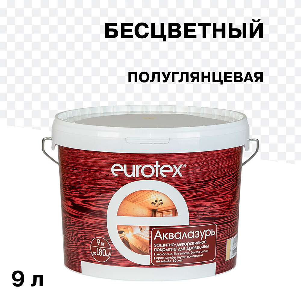 Изображение товара Акриловый лак Eurotex Аквалазурь бесцветный 9 л для деревянных поверхностей