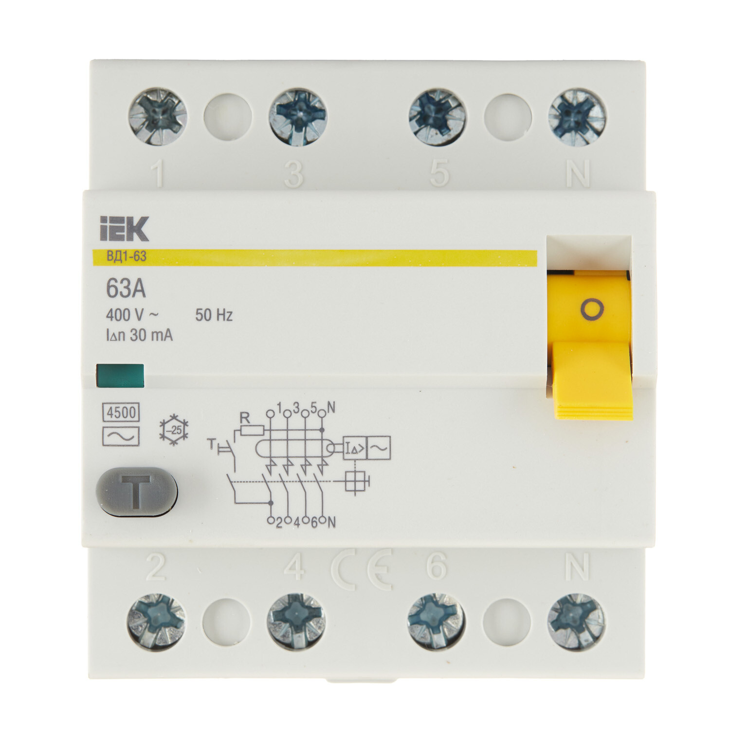 УЗО IEK ВД1-63 63А 3P+N тип AC 30 мА 4,5 кА (MDV10-4-063-030)