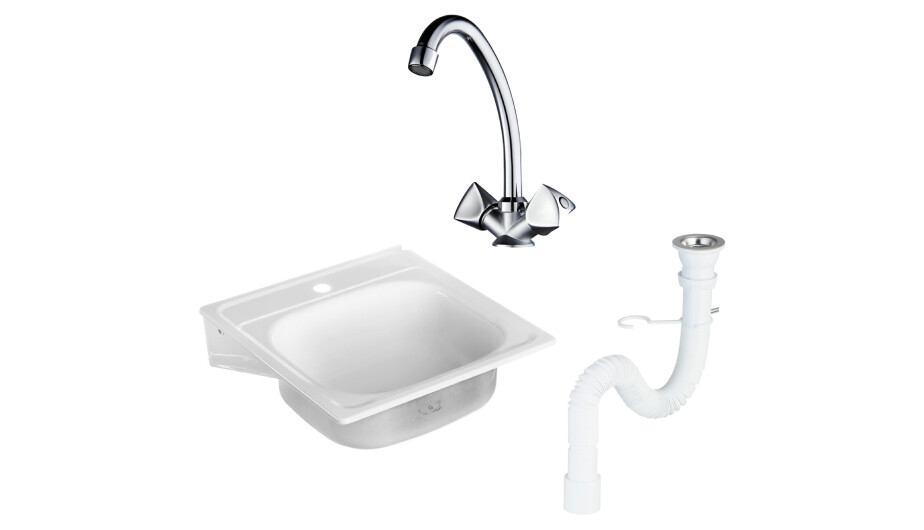 Мойка для кухни Сантэкс 50х50х16 см подвесная эмалированная с сифоном и смесителем РМС сталь белая (1701/30717985/SL119-271)